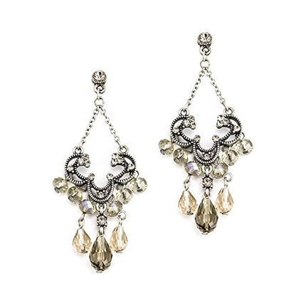 Elegant Black Diamond Crystal Chandelier Necklace and Earring Set with Aurora Borealis Beads - Antique Silver