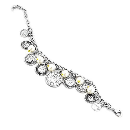 Vintage Style Silver Tone Coin Charm Bracelet with Pearls and Yellow Beads - Antique Roman Coin Design Chain Link Bracelet