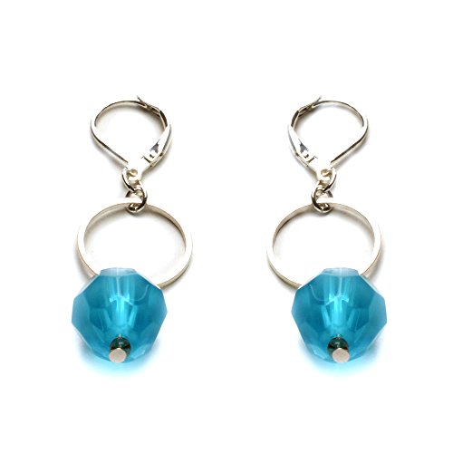 Ocean Blue Faceted Glass Bead and Silver Circle Link Necklace and Earring Set - Long Statement Jewelry