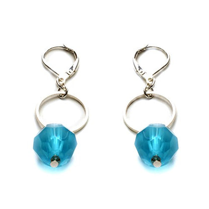 Ocean Blue Faceted Glass Bead and Silver Circle Link Necklace and Earring Set - Long Statement Jewelry