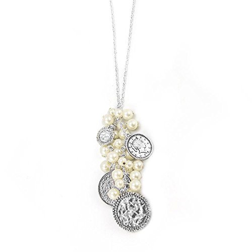 Long Vintage Style Silver Tone Coin and Pearl Cluster Statement Necklace 34 Inch Chain