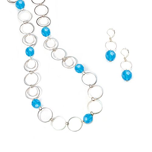 Ocean Blue Faceted Glass Bead and Silver Circle Link Necklace and Earring Set - Long Statement Jewelry
