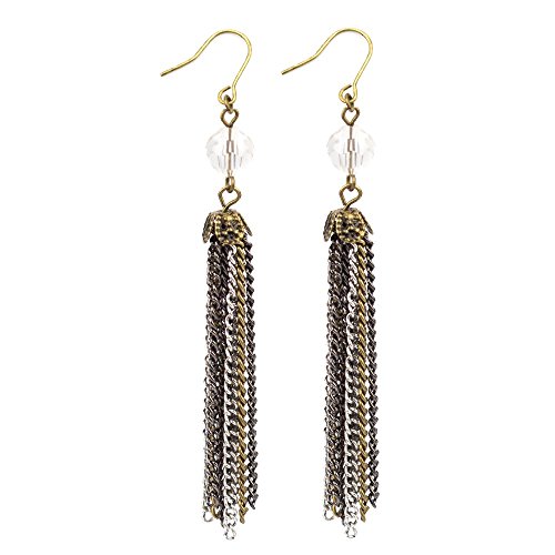 Mixed Metal Chain Tassel Drop Earrings with Crystal Bead 3.5 Inch Long Dangle Statement Earrings