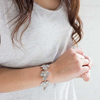 Elegant Crystal Flower Statement Bracelet with Austrian Crystals, Silver Tone Chain, 7.5 Inches