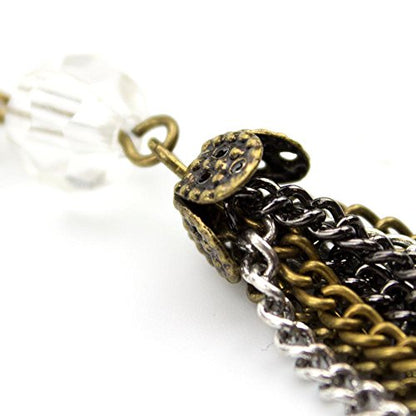 Mixed Metal Chain Tassel Drop Earrings with Crystal Bead 3.5 Inch Long Dangle Statement Earrings