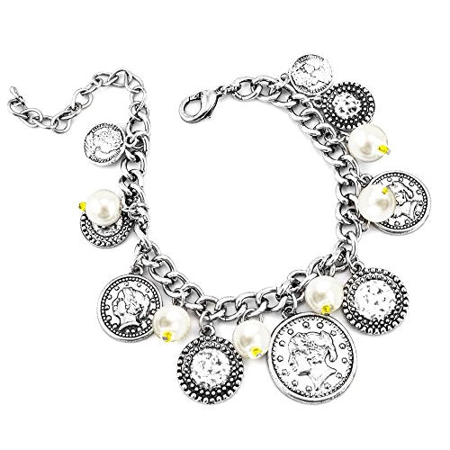 Vintage Style Silver Tone Coin Charm Bracelet with Pearls and Yellow Beads - Antique Roman Coin Design Chain Link Bracelet
