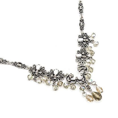 Elegant Black Diamond Crystal Chandelier Necklace and Earring Set with Aurora Borealis Beads - Antique Silver