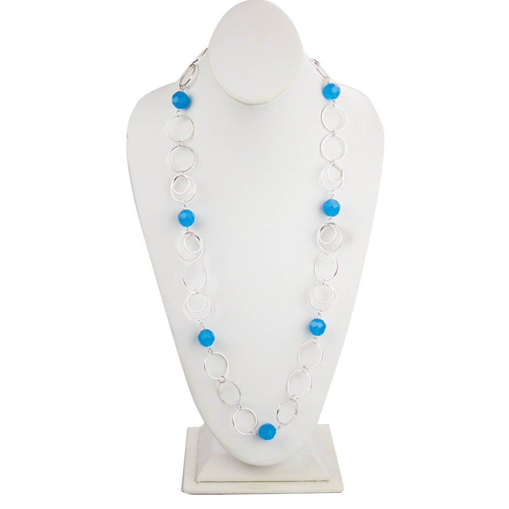 Tropical Blue Faceted Glass Bead Circle Link Necklace and Earring Set with Silver Tone Chain