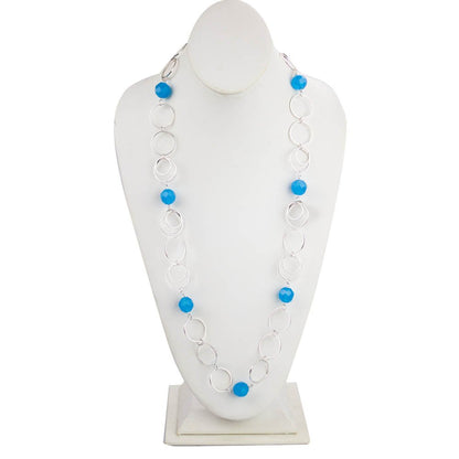 Tropical Blue Faceted Glass Bead Circle Link Necklace and Earring Set with Silver Tone Chain