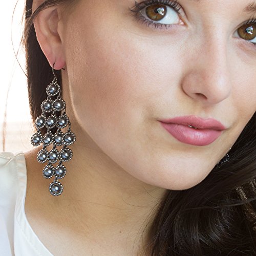 Grey Beaded Chandelier Dangle Earrings with Hematite Finish 3.5 Inch Drop