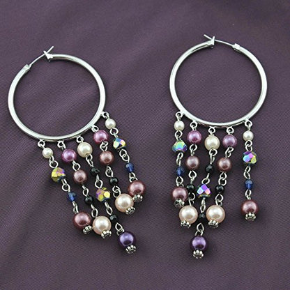 Multicolor Pearl Drop Hoop Earrings with Dangling Resin Beads - Silver Tone Statement Earrings