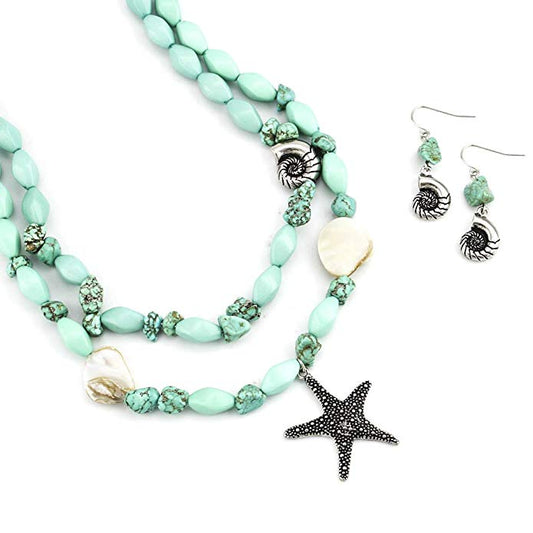 Genuine Turquoise Beaded Starfish Shell Statement Necklace and Matching Seashell Earring Set Beach Jewelry