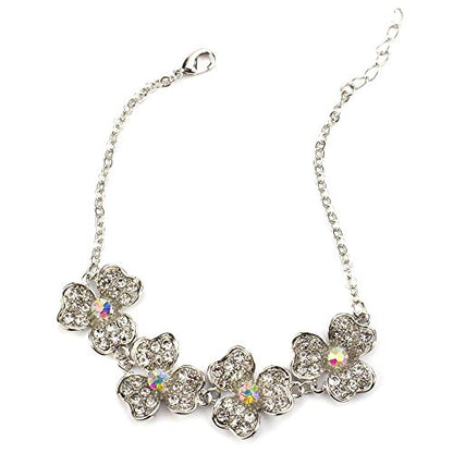 Elegant Crystal Flower Statement Bracelet with Austrian Crystals, Silver Tone Chain, 7.5 Inches