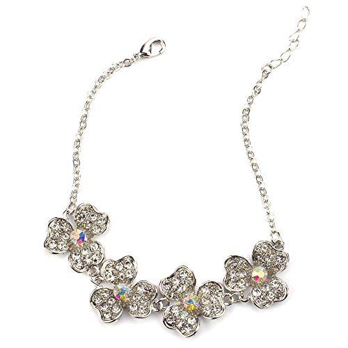 Elegant Crystal Flower Statement Bracelet with Austrian Crystals, Silver Tone Chain, 7.5 Inches