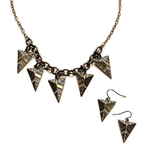 Tribal Arrow Necklace and Earring Set with CZ Crystals, Antique Gold Geometric Statement Jewelry