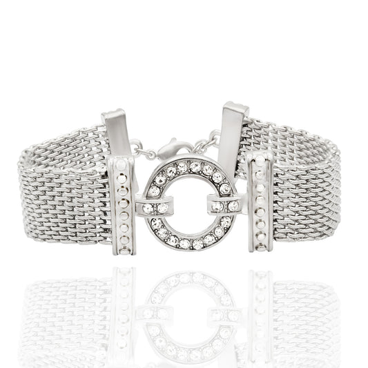 Elegant Crystal Mesh Toggle Bracelet with Austrian Crystals and Silver Tone Finish