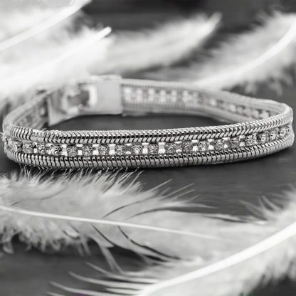 Elegant Silver Tone Tennis Bracelet with Cubic Zirconia Stones and Chain Detail