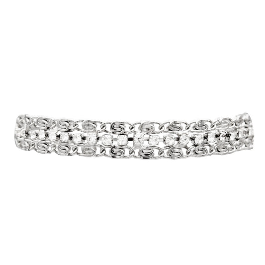 Elegant Silver Tone Tennis Bracelet with Cubic Zirconia Stones and Scroll Chain Detail