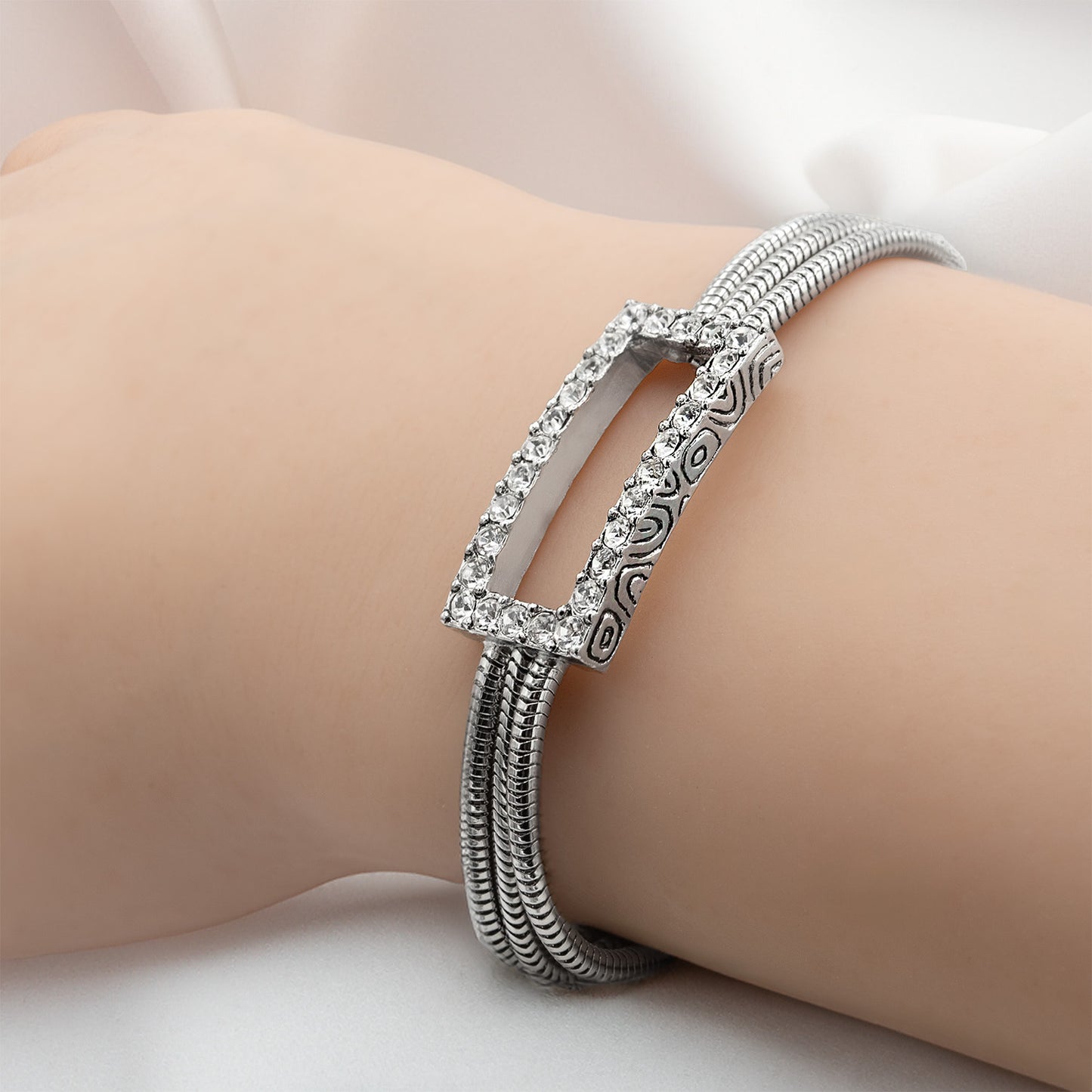 Elegant Rectangle Austrian Crystal Pendant Necklace with Snake Chain Silver Tone 16 Inch
