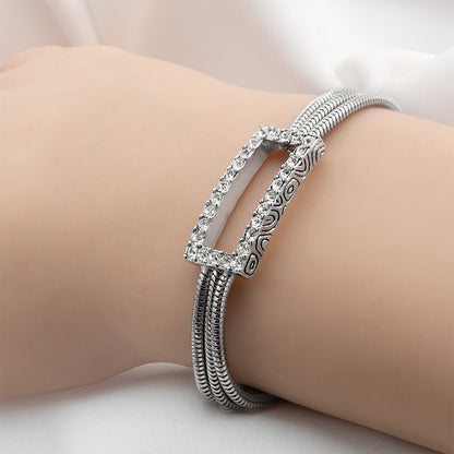 Elegant Rectangle Austrian Crystal Pendant Necklace with Snake Chain Silver Tone 16 Inch