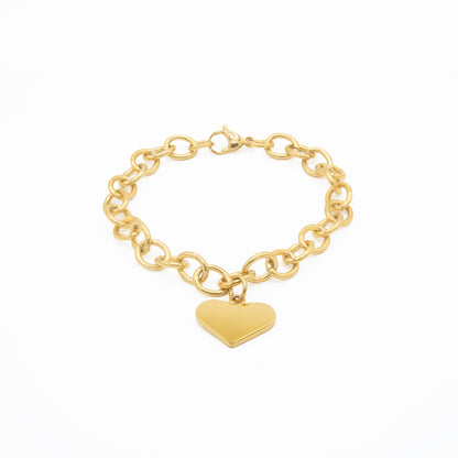 Gold Plated Heart Charm Chain Link Bracelet for Women - Stainless Steel