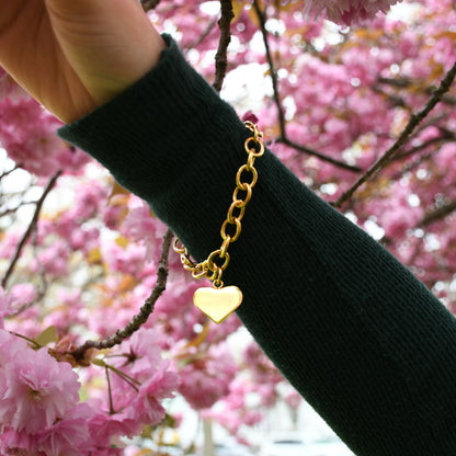 Gold Plated Heart Charm Chain Link Bracelet for Women - Stainless Steel