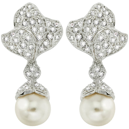 Elegant Glass Pearl Drop Earrings with Austrian Crystal Floral Design
