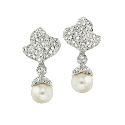 Elegant Glass Pearl Drop Earrings with Austrian Crystal Floral Design