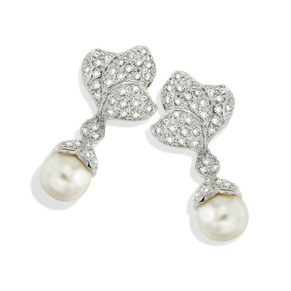 Elegant Glass Pearl Drop Earrings with Austrian Crystal Floral Design