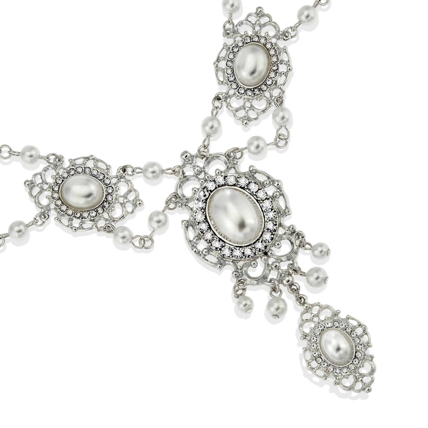 Vintage Style Pearl and Crystal Statement Necklace with Filigree Design - Wedding Bridal Special Occasion Jewelry