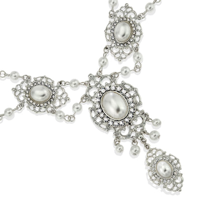 Vintage Style Pearl and Crystal Statement Necklace with Filigree Design - Wedding Bridal Special Occasion Jewelry
