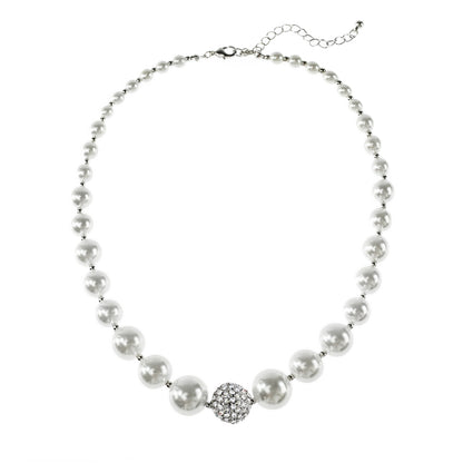 Elegant White Pearl Necklace with Crystal Pave Ball Accent - Wedding, Prom, Special Occasion Jewelry