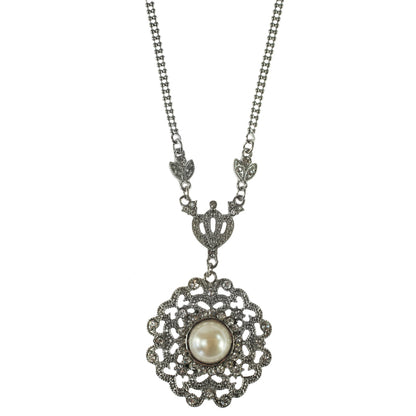 Vintage Style Pearl and Crystal Pendant Necklace with Filigree Design, Silver Tone Chain, 16 Inch + 3 Inch Extender