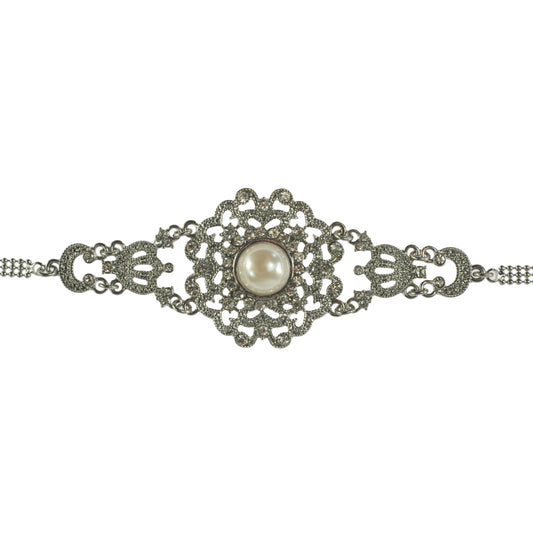 Vintage Style Pearl and Austrian Crystal Filigree Statement Bracelet with Extender