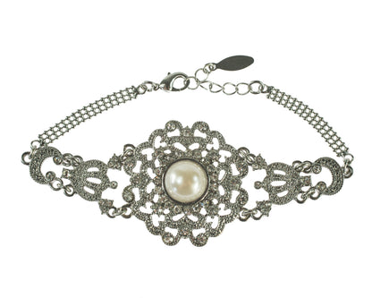 Vintage Style Pearl and Austrian Crystal Filigree Statement Bracelet with Extender