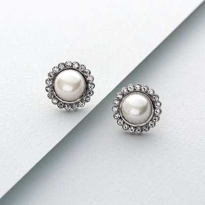 Elegant Pearl Stud Earrings with Crystal Halo Frame, Classic Wedding Bridal Earrings
