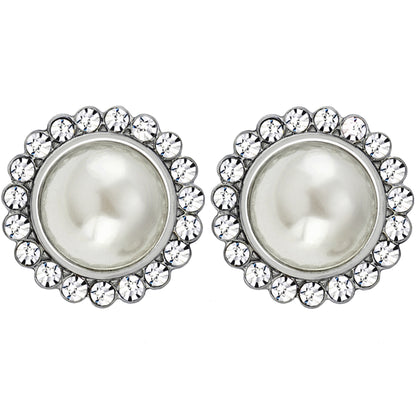 Elegant Pearl Stud Earrings with Crystal Halo Frame, Classic Wedding Bridal Earrings