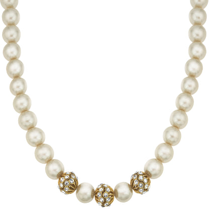 Elegant Pearl and Crystal Statement Necklace with Gold Tone Accents - 16 inch Adjustable Chain