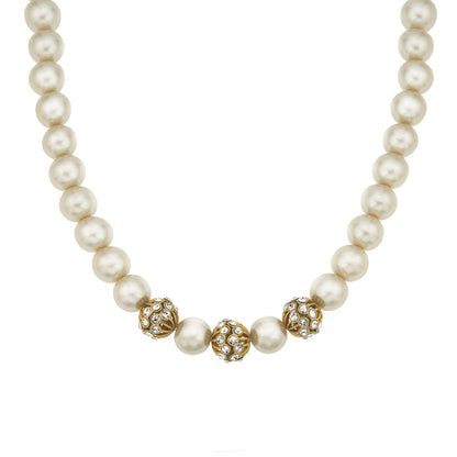 Elegant Pearl and Crystal Statement Necklace with Gold Tone Accents - 16 inch Adjustable Chain