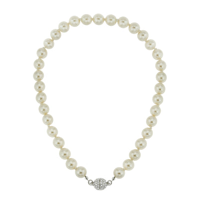 Elegant 16 Inch White Faux Pearl Necklace with Austrian Crystal Magnetic Clasp - Wedding Bridal Jewelry