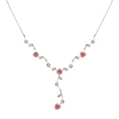 Dainty Pink Rose Y-Necklace with Crystal Accents and Leaf Details - Bridal Wedding Jewelry