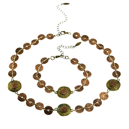 Textured Bronze Disk Chain Bracelet with Gold Thread and Extender Chain