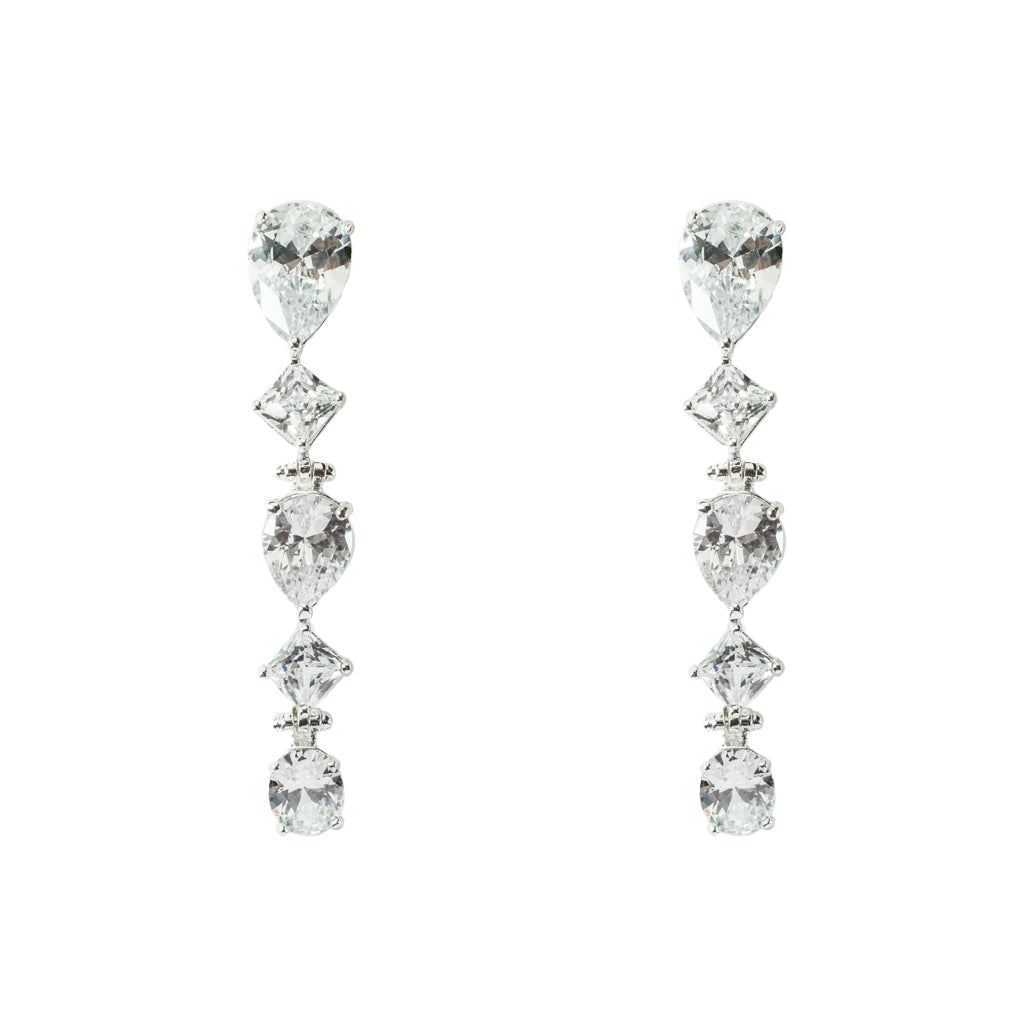 Elegant Crystal Drop Earrings with Teardrop and Princess Cut CZ Stones - 2 inch Bridal Dangle Earrings