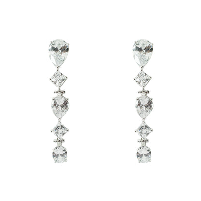 Elegant Crystal Drop Earrings with Teardrop and Princess Cut CZ Stones - 2 inch Bridal Dangle Earrings