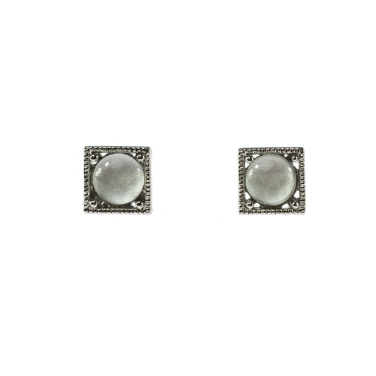 Elegant Square Frame Milky White Crystal Stud Earrings with Textured Border 7mm