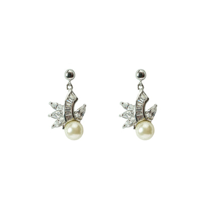 Elegant Pearl Drop Earrings with Austrian Crystal Accent and Silver Tone Finish - Bridal Wedding Jewelry