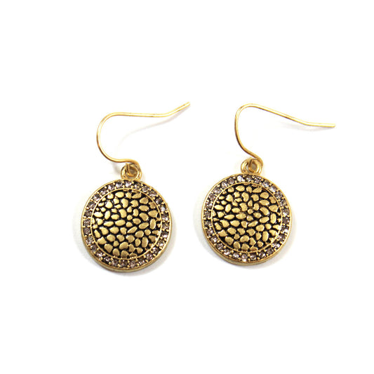 Antique Gold Tone Crystal Circle Drop Earrings with Austrian Crystals - 1 Inch Dangle