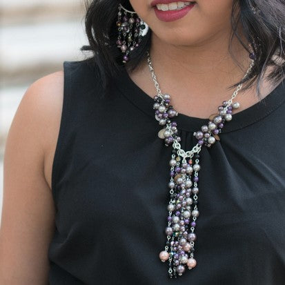 Elegant Multi-Color Pearl Y-Style Statement Necklace with Purple, Silver, and Gold Beads, 18 inch with Extender