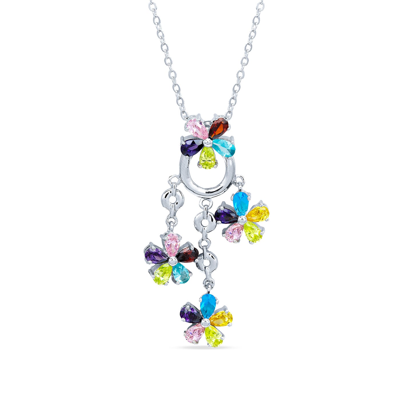 Cubic Zirconia Flower Pendant Silver Tone Colorful Necklace