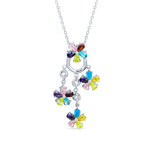 Cubic Zirconia Flower Pendant Silver Tone Colorful Necklace